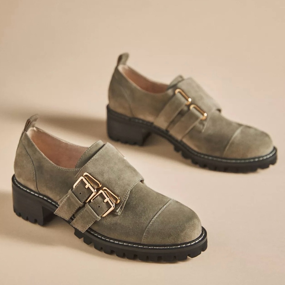 Anthropologie, Cecilia Collyn Grey Suede Buckle Loafers, Size 7.5